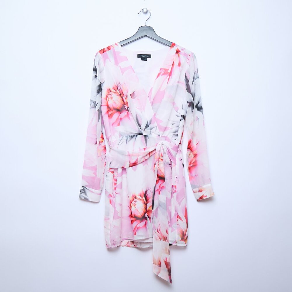 Marciano Free Floral Long Sleeve Faux Wrap Mini Dress Pink Small boho wedding